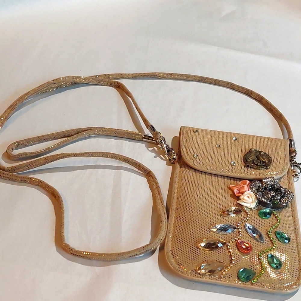 Bejeweled wristlet/crossbody phone case [or whatever]. NWOT. Sand colored